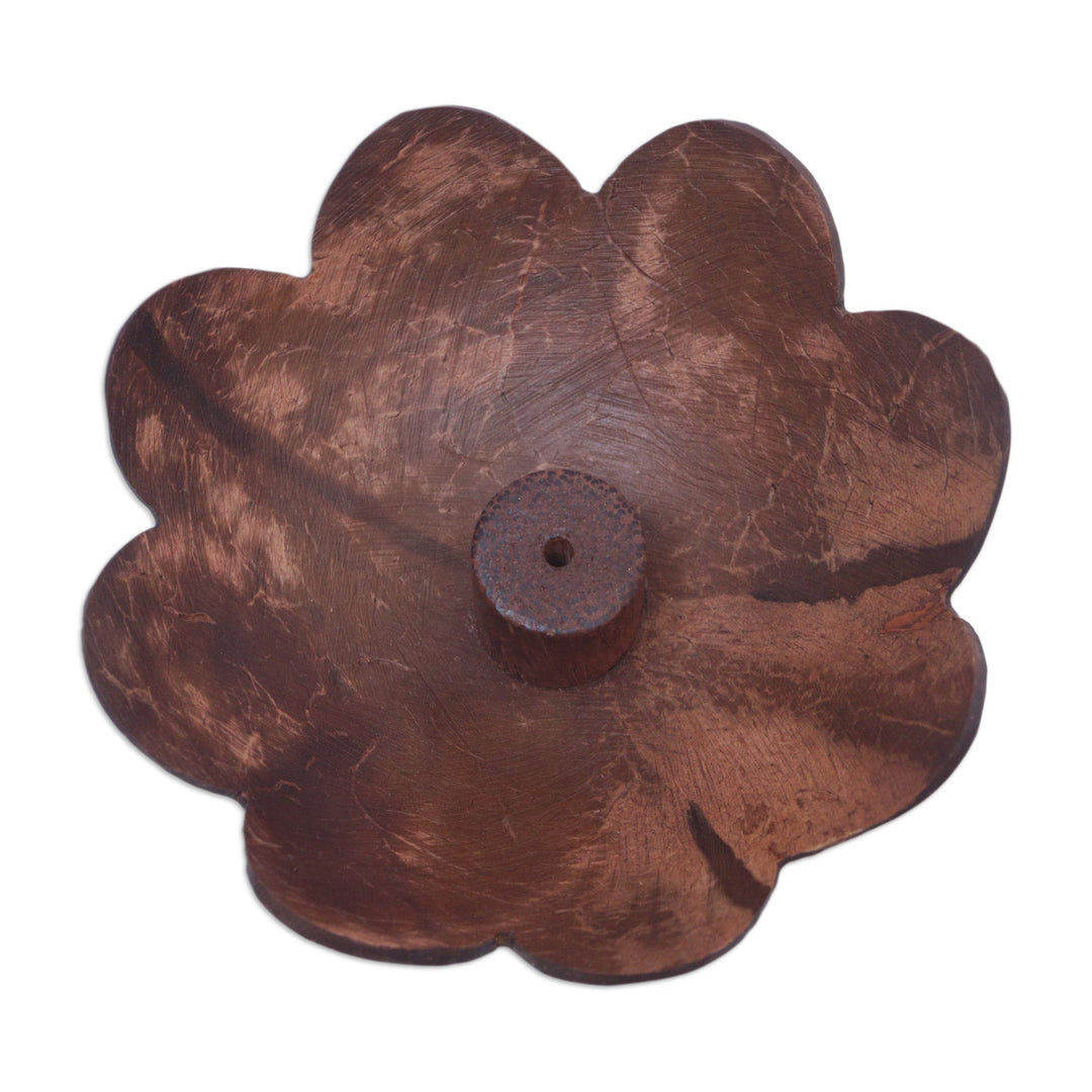 Hand Crafted Brown Coconut Shell Incense Holder from Bali - Harmony in Petals