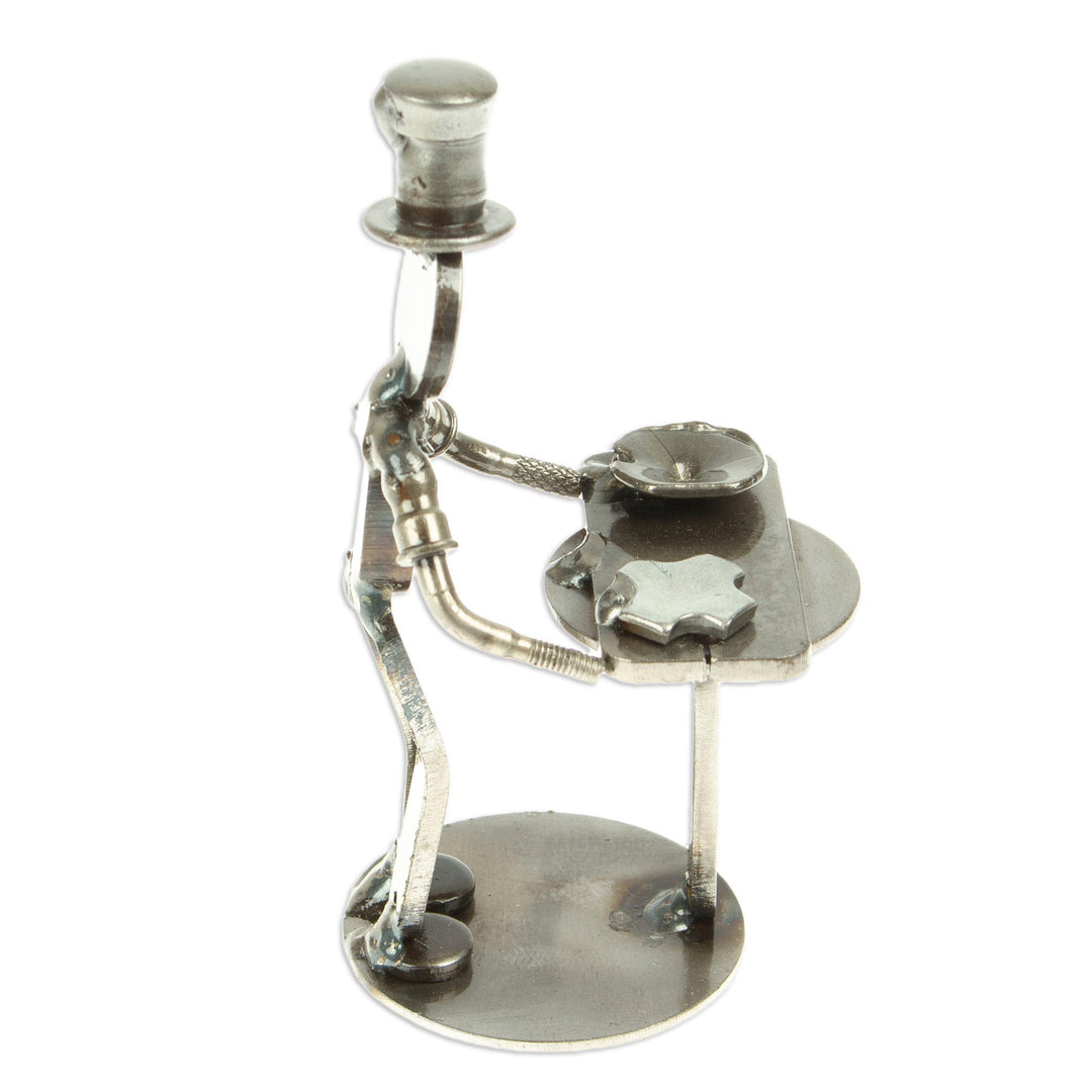 Handcrafted Recycled Scrap Metal Chef Statuette from Mexico - Eco-Friendly Taste