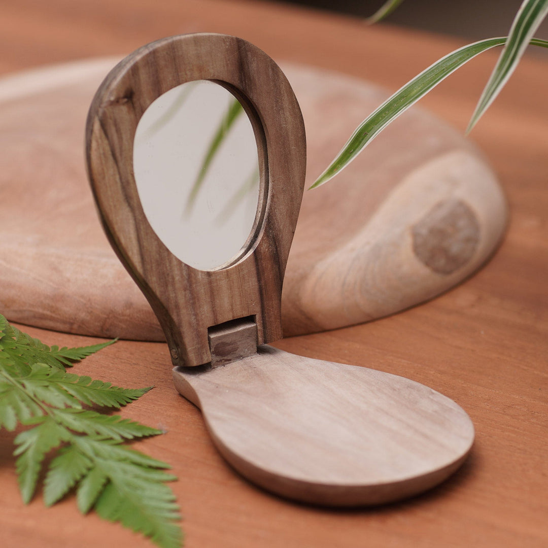 Foldable Moon Hand Mirror Hand-Carved from Hibiscus Wood - Talking to the Moon