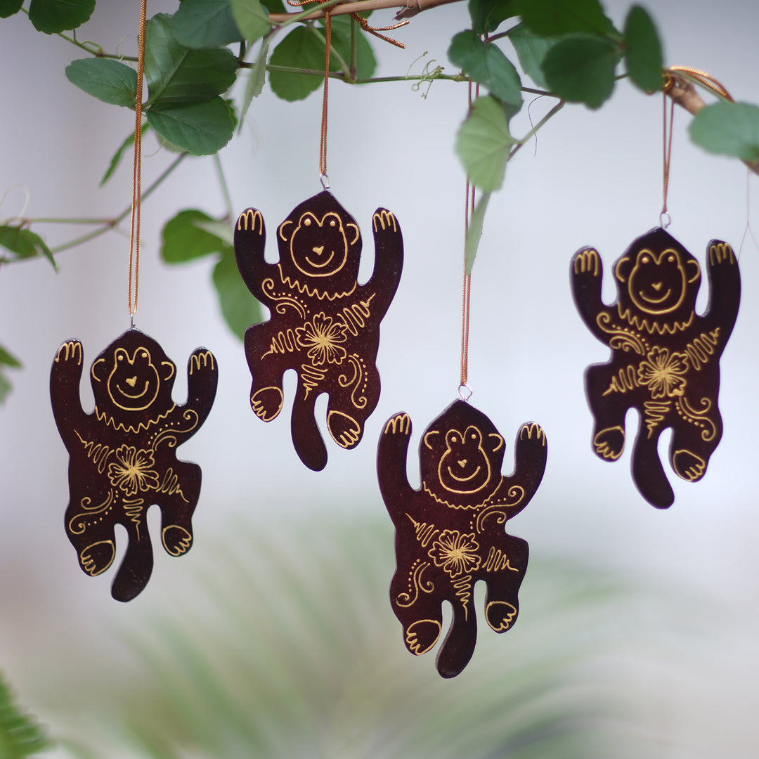 Set of 4 Mahogany Wood Hand-Painted Monkey Ornaments - Happy Monkeys