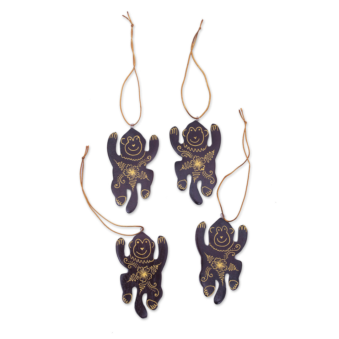 Set of 4 Mahogany Wood Hand-Painted Monkey Ornaments - Happy Monkeys