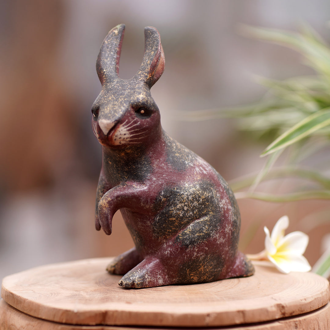 Rabbit Wood Figurine Hand-carved & Hand-painted in Indonesia - Curious Bunny