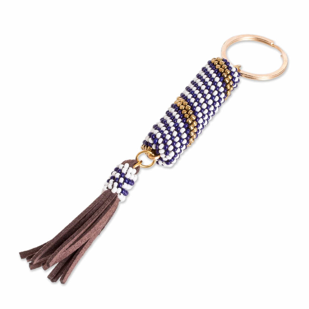 Beaded Leather Keychain and Bag Charm Handmade in Guatemala - Tranquil Ocean
