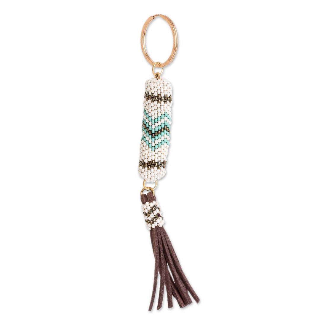 Beaded Leather Keychain and Bag Charm Handmade in Guatemala - Beautiful Sky