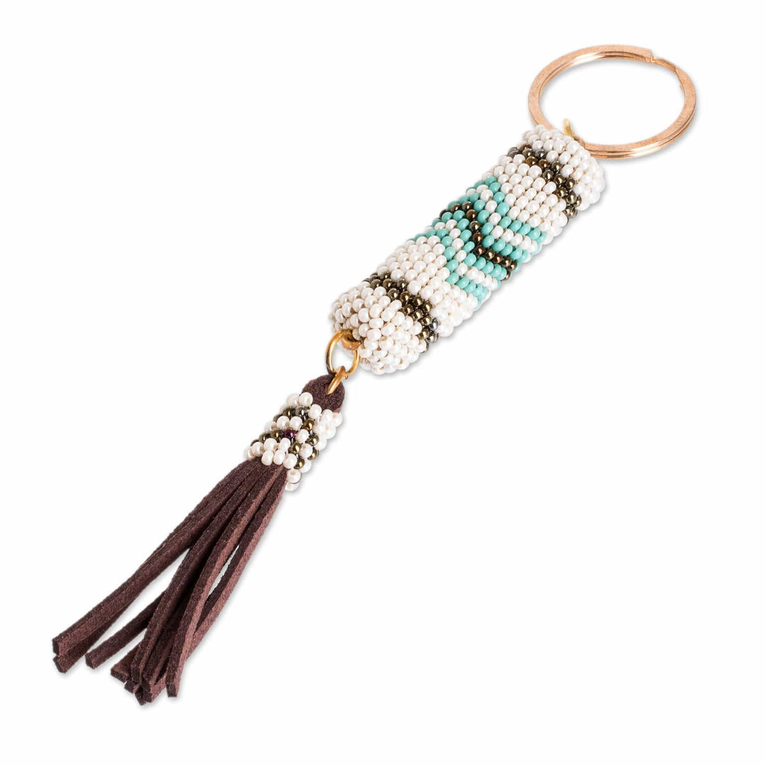 Beaded Leather Keychain and Bag Charm Handmade in Guatemala - Beautiful Sky