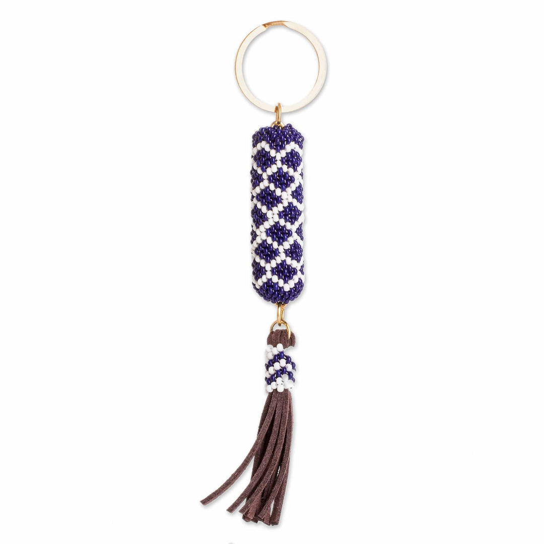 Beaded Leather Keychain and Bag Charm Handmade in Guatemala - Diamond Blue