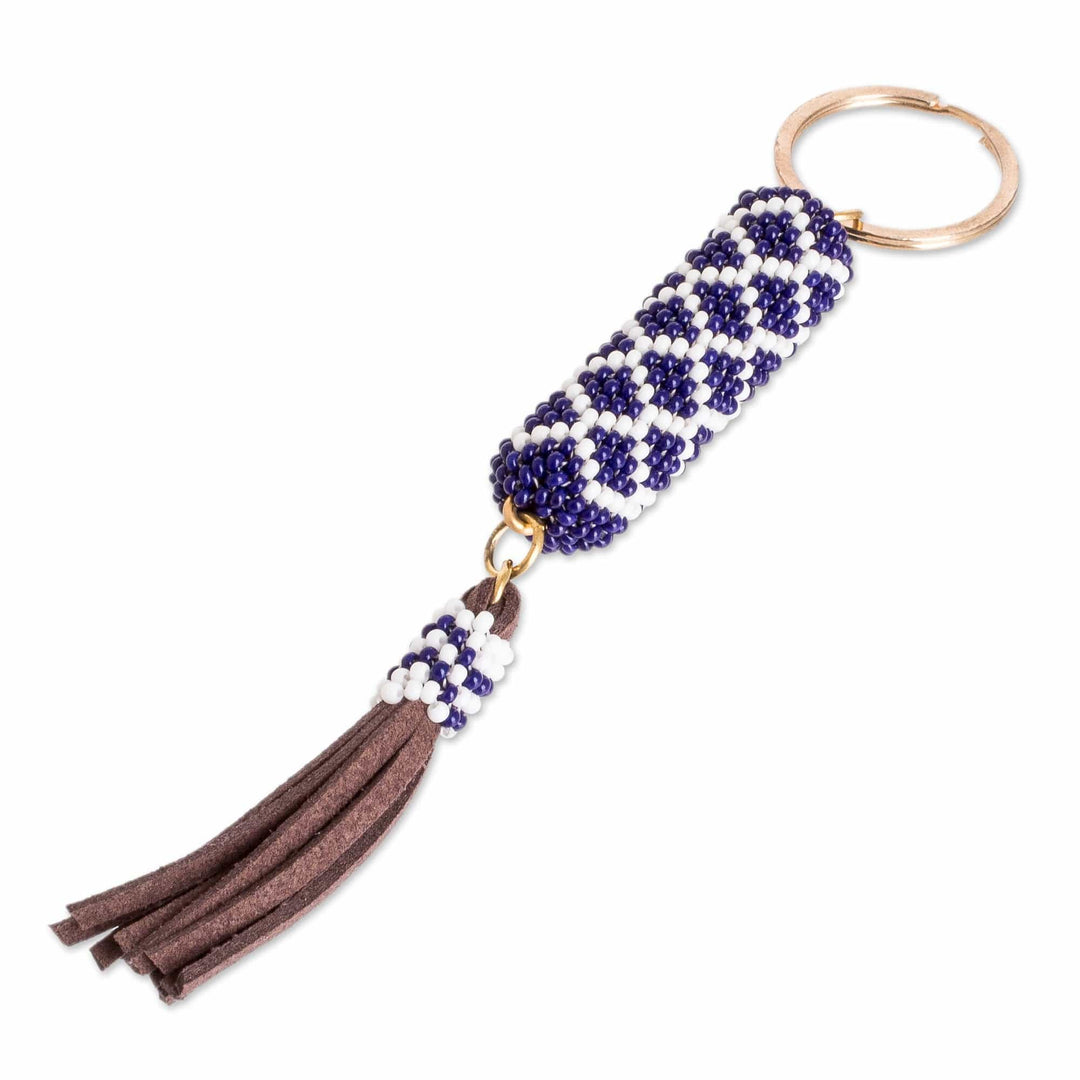 Beaded Leather Keychain and Bag Charm Handmade in Guatemala - Diamond Blue