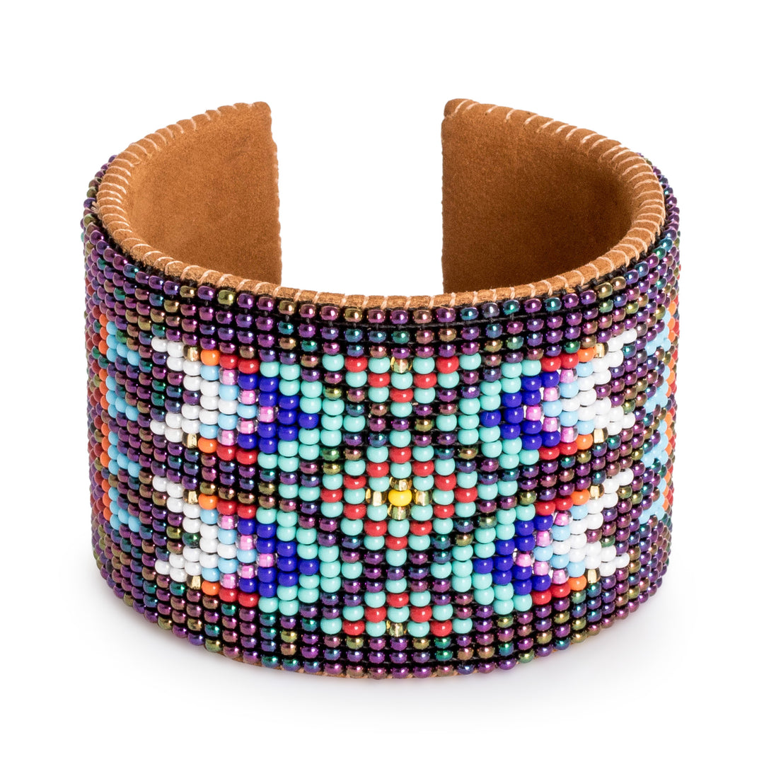 Beaded Leather and Suede Cuff Bracelet Handmade in Guatemala - Ancestral Patterns