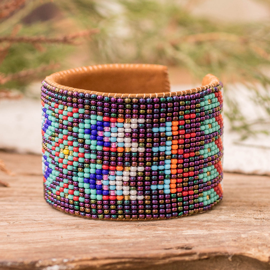 Beaded Leather and Suede Cuff Bracelet Handmade in Guatemala - Ancestral Patterns
