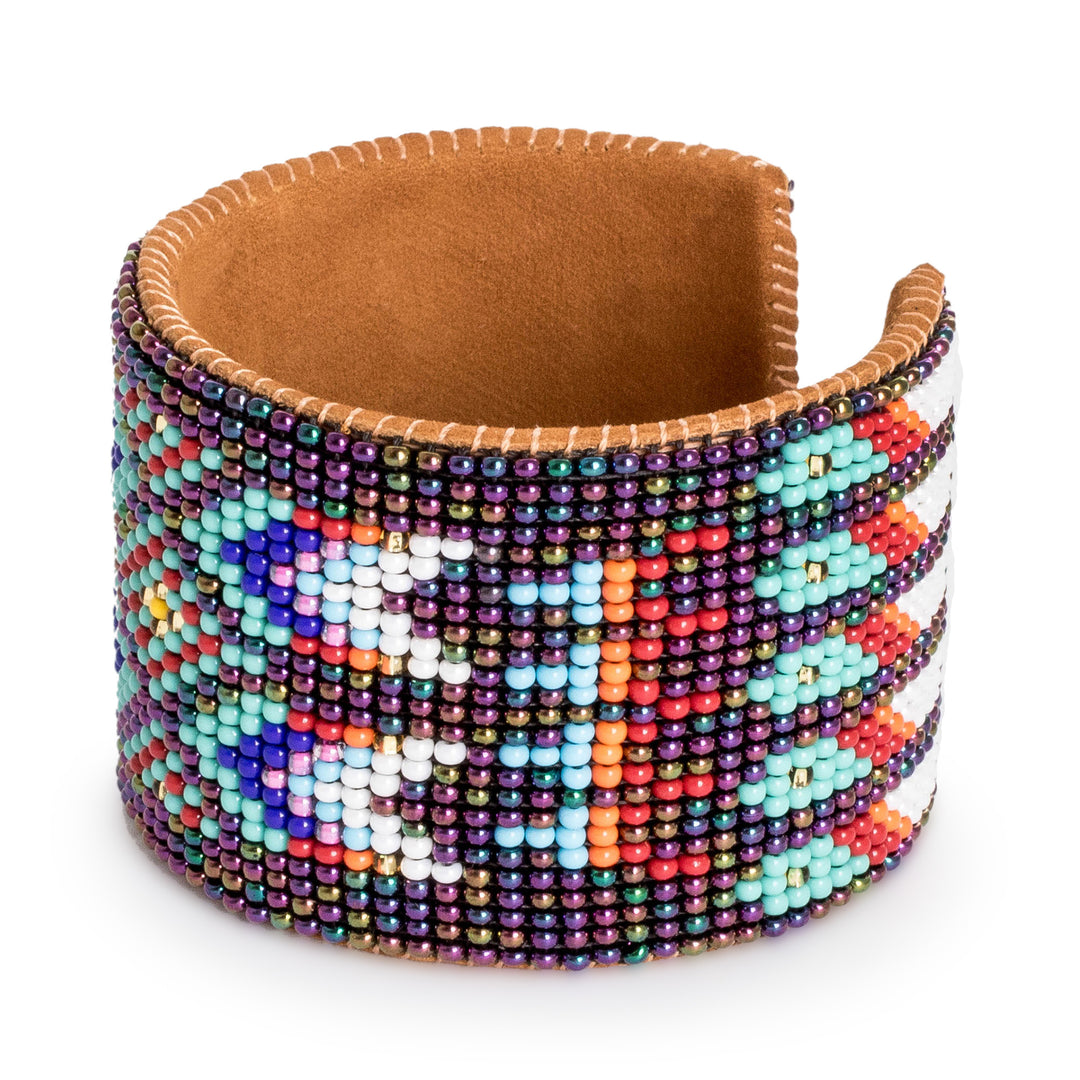 Beaded Leather and Suede Cuff Bracelet Handmade in Guatemala - Ancestral Patterns