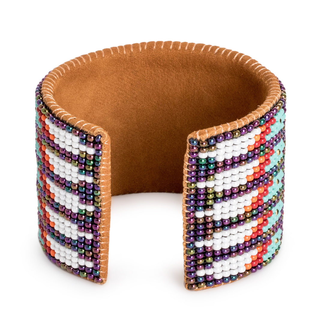 Beaded Leather and Suede Cuff Bracelet Handmade in Guatemala - Ancestral Patterns