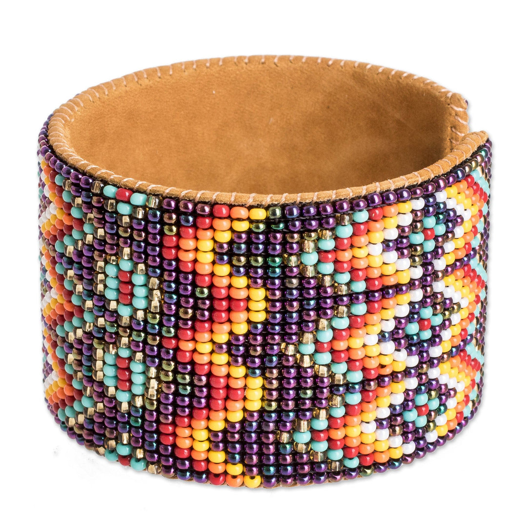 Beaded Leather and Suede Cuff Bracelet Handmade in Guatemala - Geometric Diversity in Purple