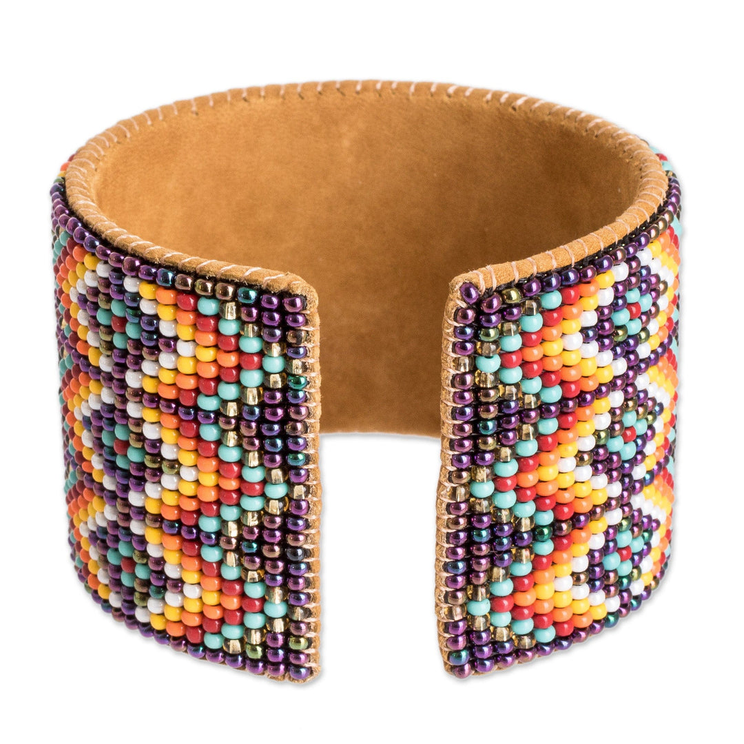 Beaded Leather and Suede Cuff Bracelet Handmade in Guatemala - Geometric Diversity in Purple