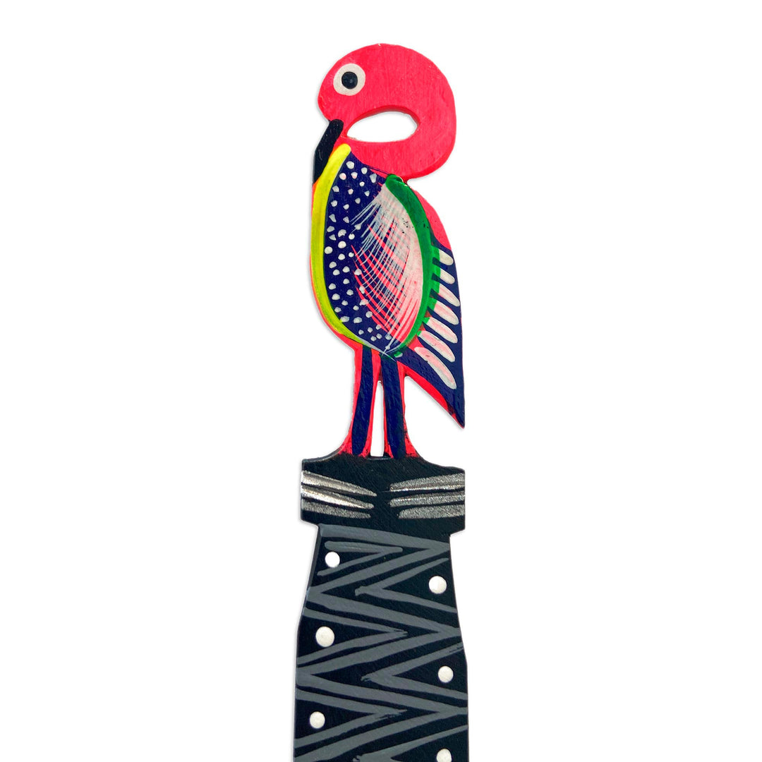 Hand-Painted Pink Flamingo Copal Wood Bookmark from Oaxaca - Reading Flamingo