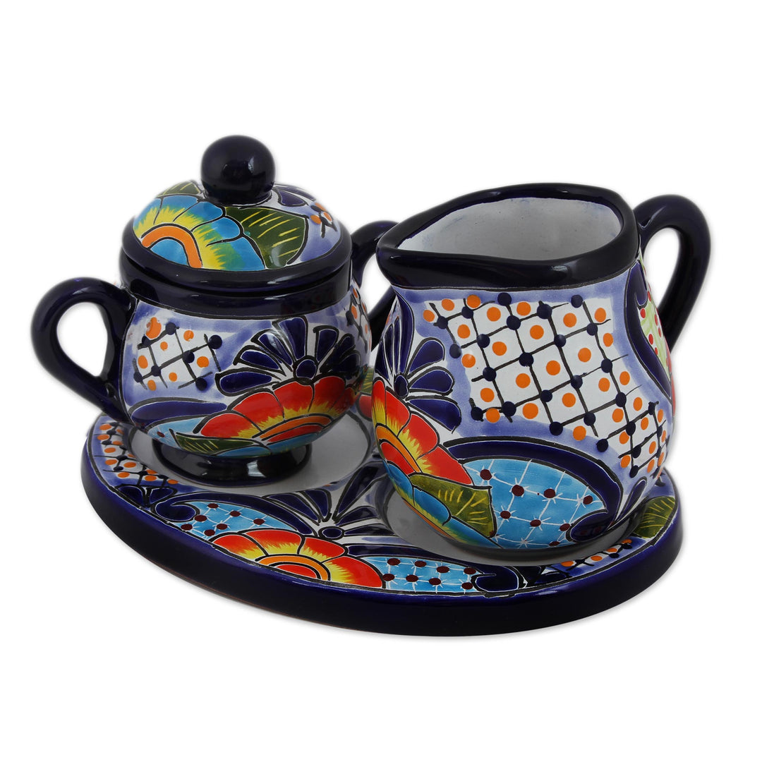 Talavera Ceramic Creamer and Sugar Bowl Set (3 Pieces) - Raining Flowers