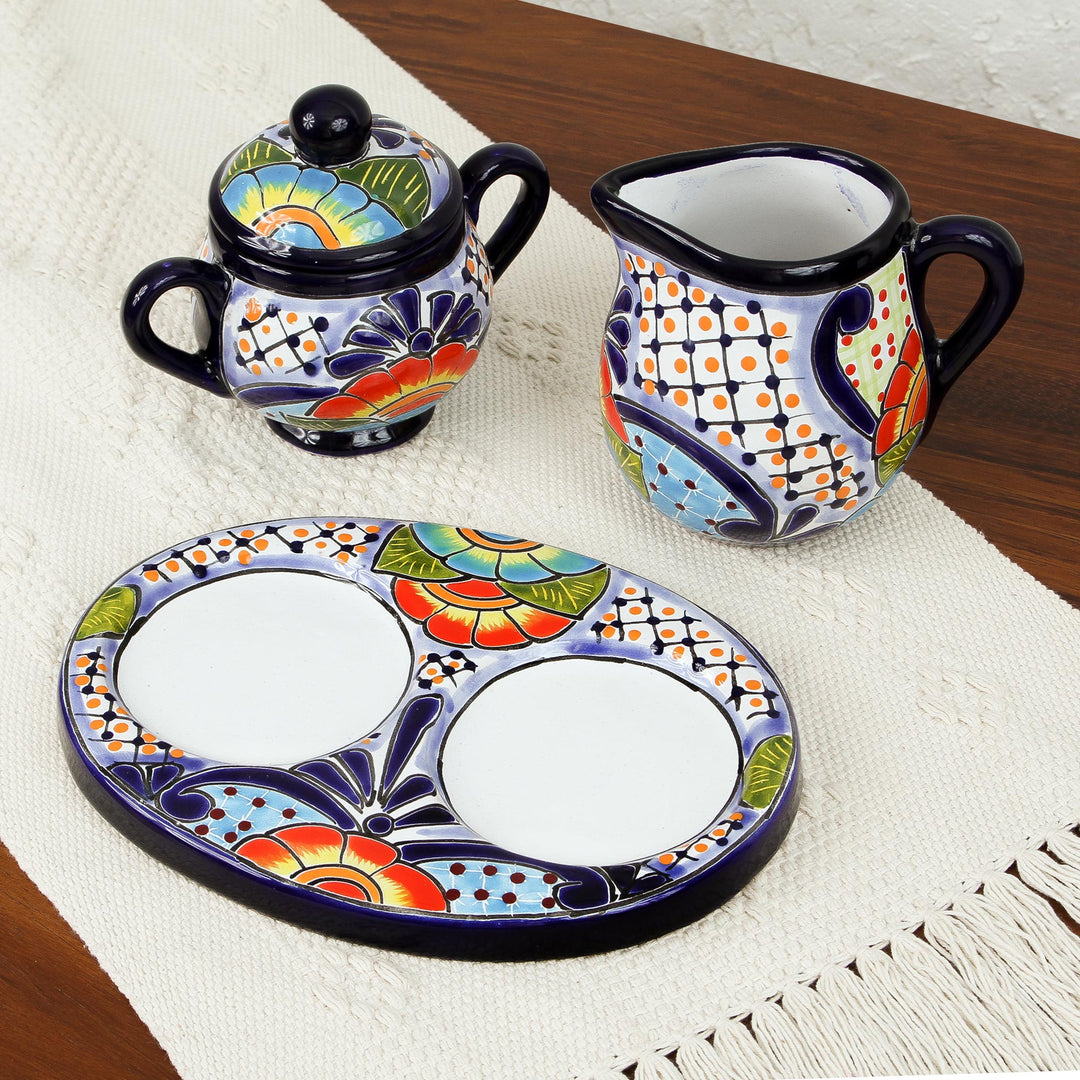 Talavera Ceramic Creamer and Sugar Bowl Set (3 Pieces) - Raining Flowers