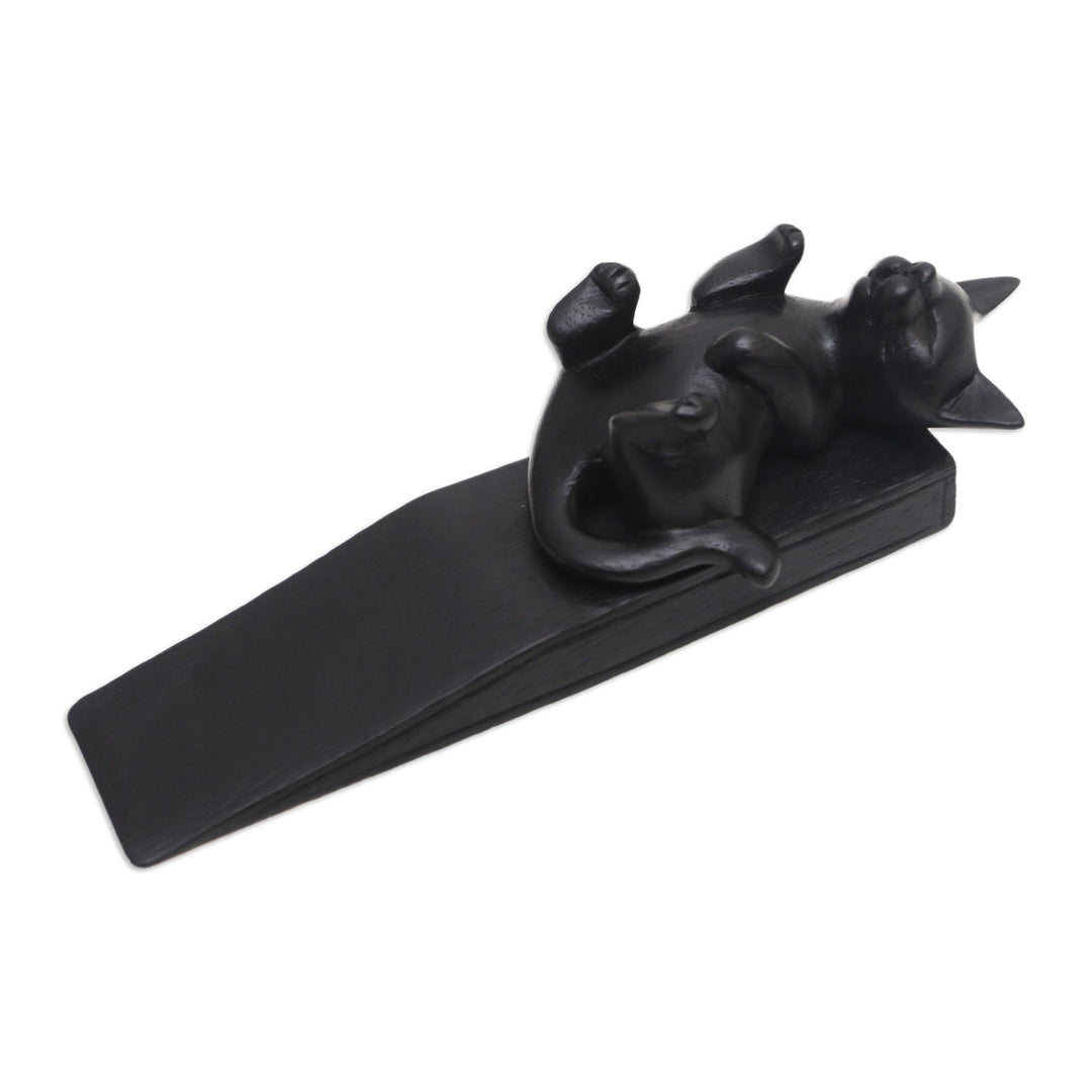 Hand-Carved Suar Wood Door Stop with Black Cat - Cheeky Black Cat