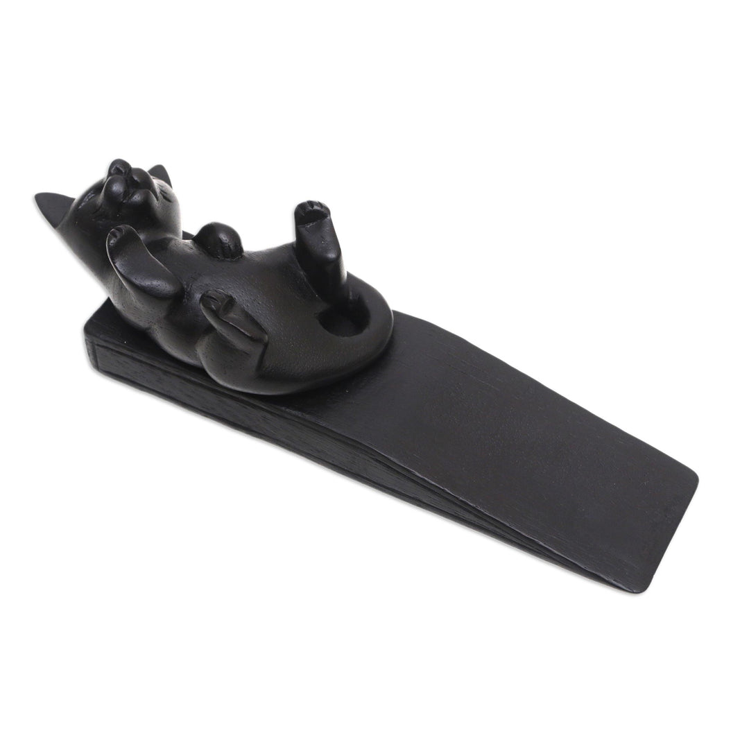 Hand-Carved Suar Wood Door Stop with Black Cat - Cheeky Black Cat