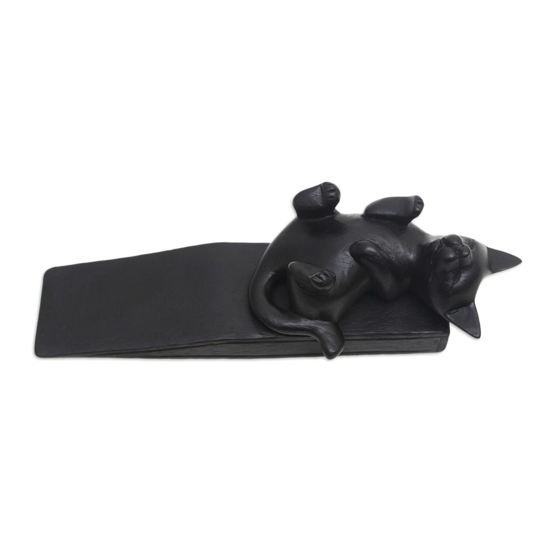Hand-Carved Suar Wood Door Stop with Black Cat - Cheeky Black Cat