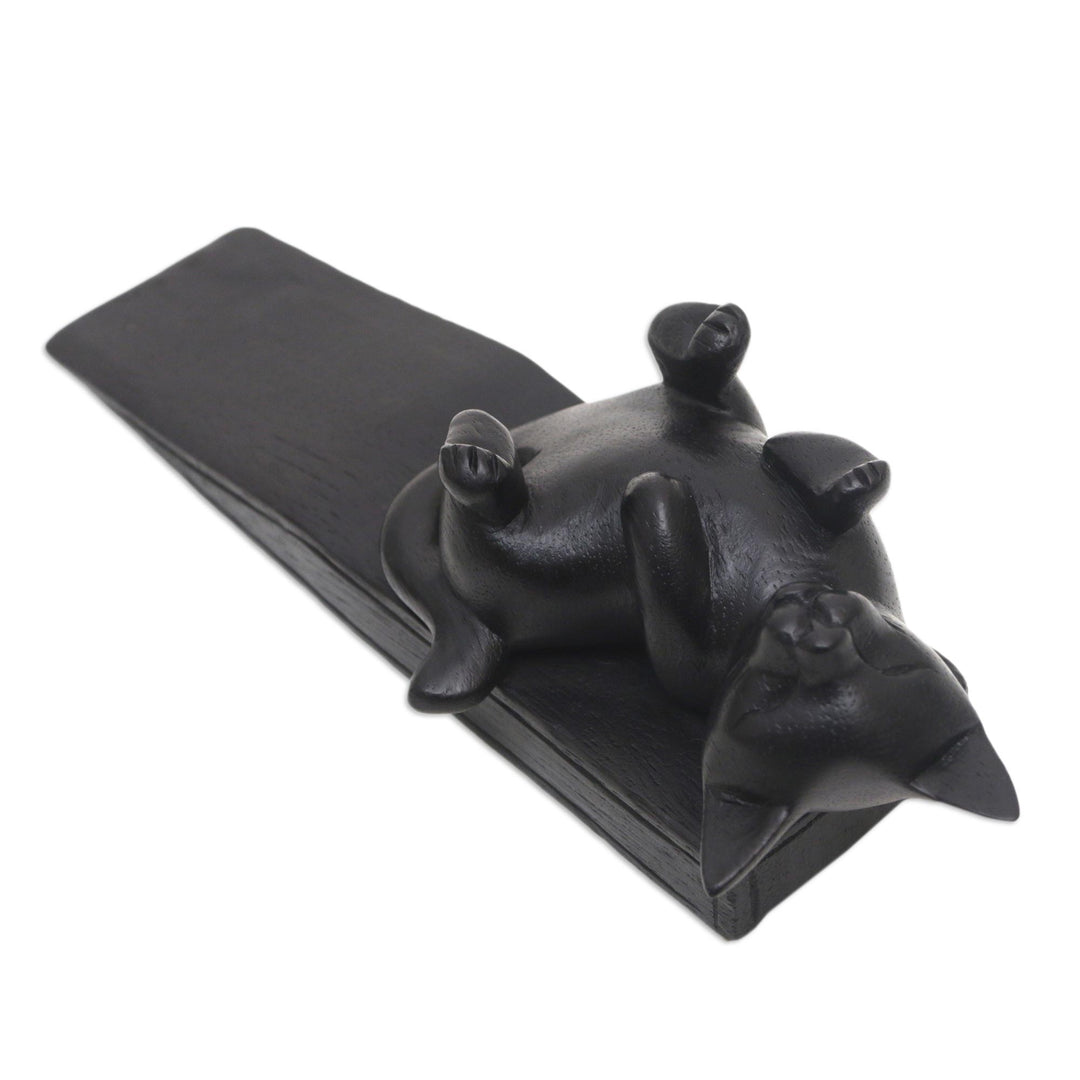 Hand-Carved Suar Wood Door Stop with Black Cat - Cheeky Black Cat