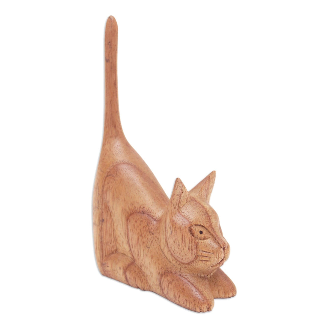 Balinese Hand-Carved Jempinis Wood Sculpture of Brown Cat - Stretching Kitten