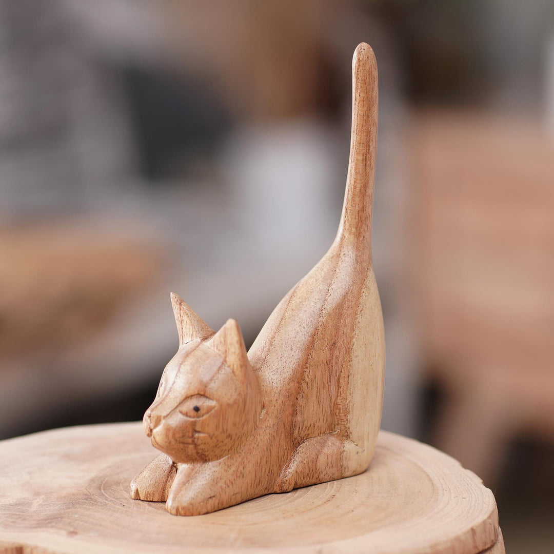 Balinese Hand-Carved Jempinis Wood Sculpture of Brown Cat - Stretching Kitten
