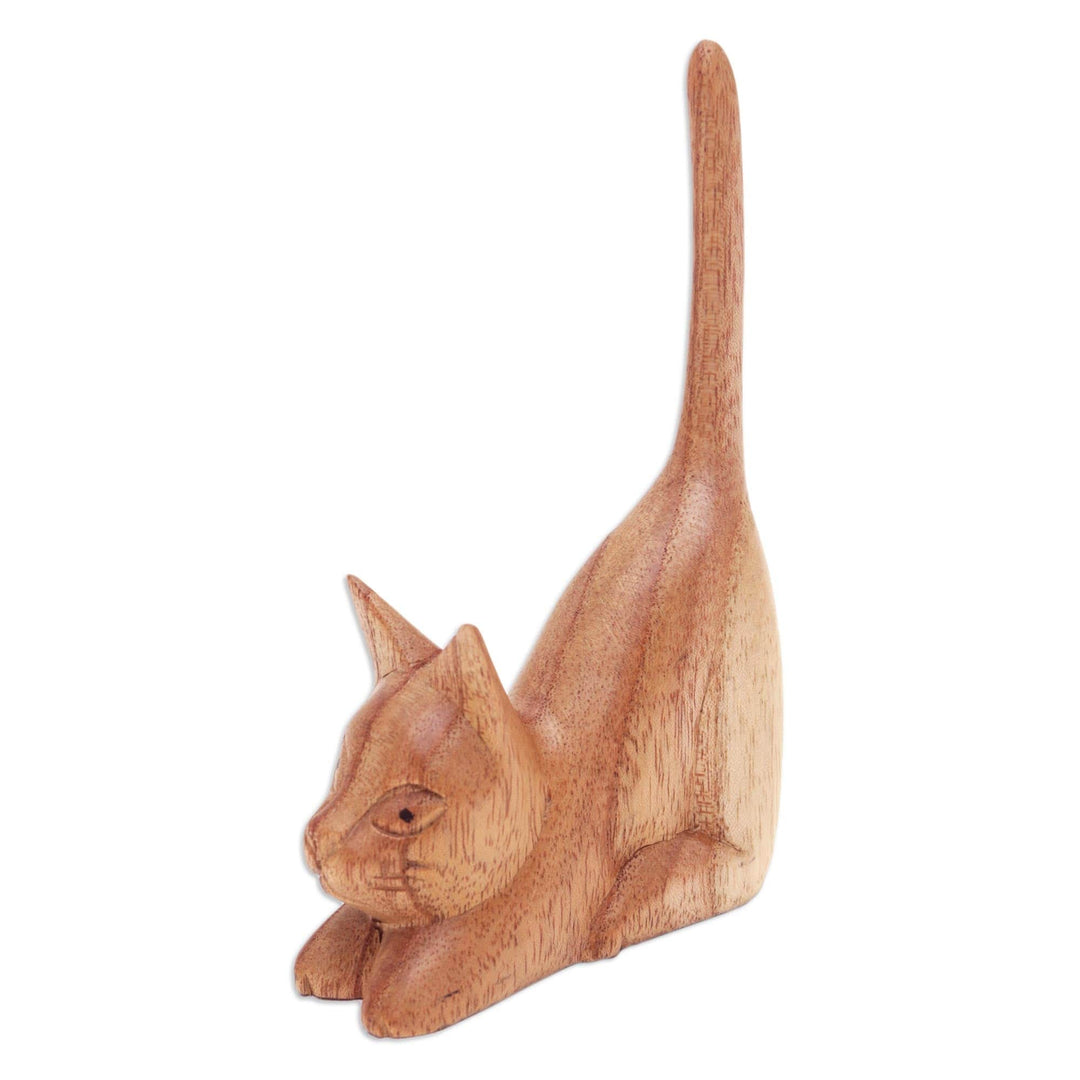 Balinese Hand-Carved Jempinis Wood Sculpture of Brown Cat - Stretching Kitten