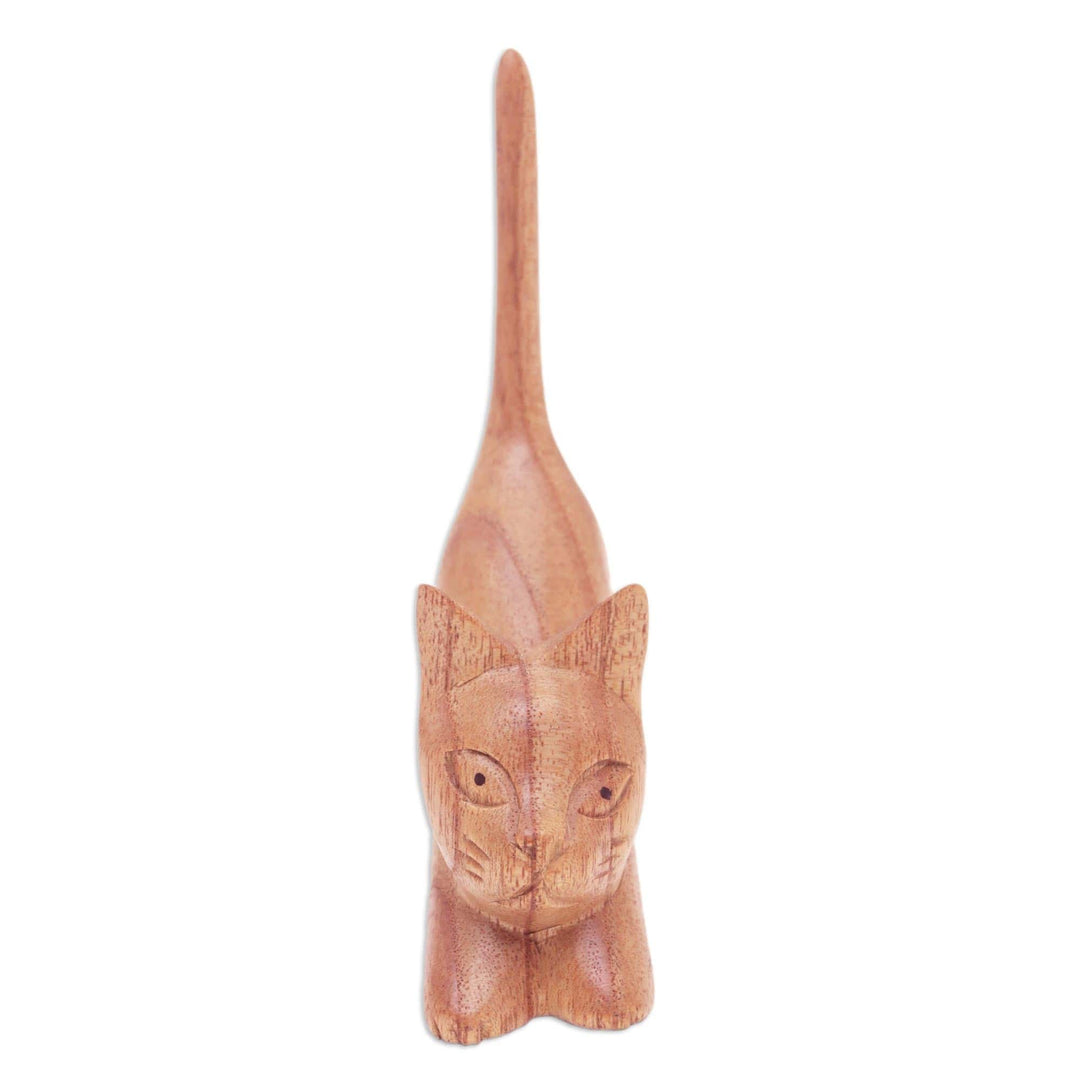 Balinese Hand-Carved Jempinis Wood Sculpture of Brown Cat - Stretching Kitten