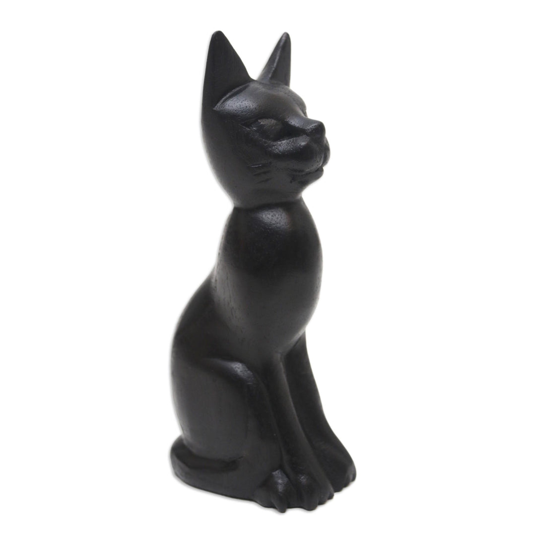Black Cat Sculpture Hand-Carved from Jempinis Wood in Bali - Cunning Black Cat