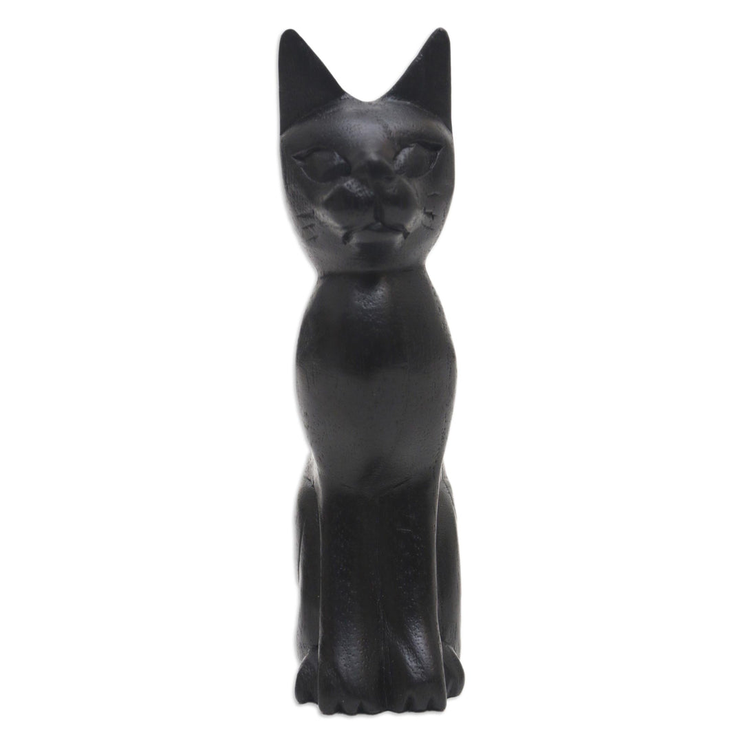 Black Cat Sculpture Hand-Carved from Jempinis Wood in Bali - Cunning Black Cat