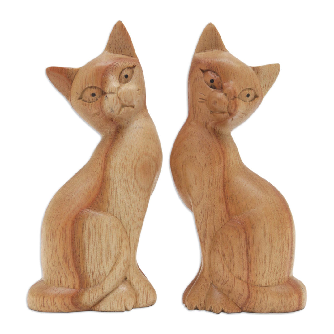 Pair of Jempinis Wood Cat Sculptures in Natural Brown - Feline Twins