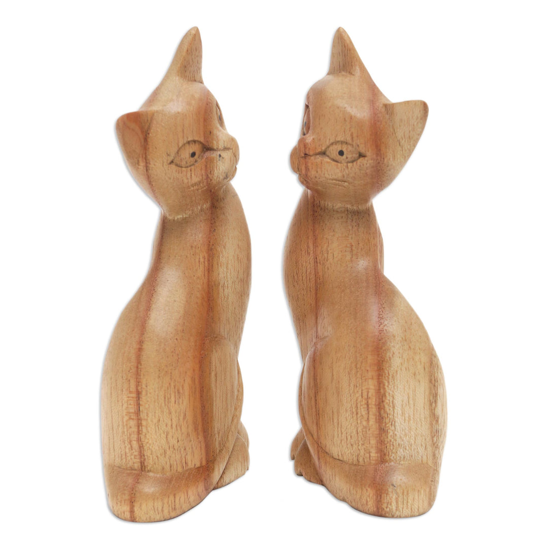 Pair of Jempinis Wood Cat Sculptures in Natural Brown - Feline Twins