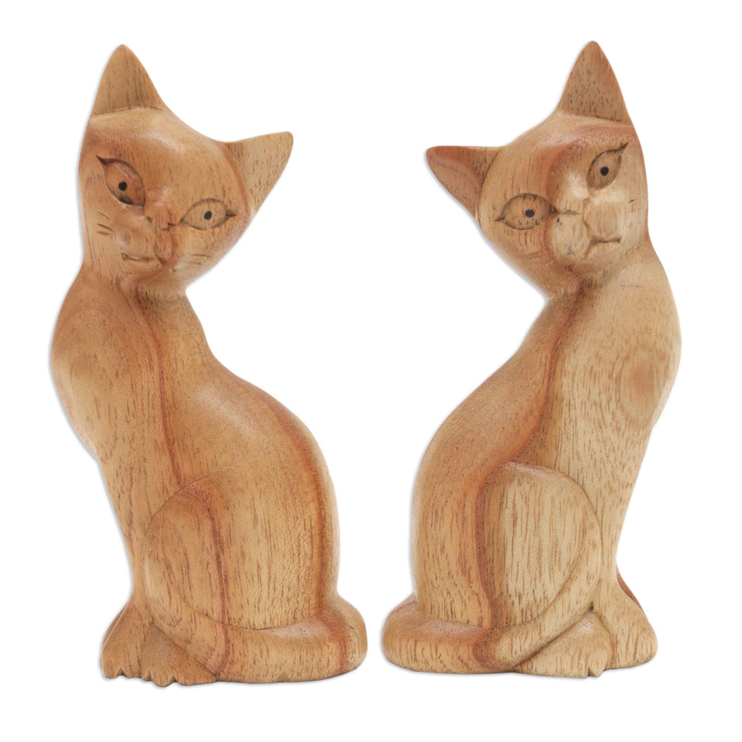 Pair of Jempinis Wood Cat Sculptures in Natural Brown - Feline Twins