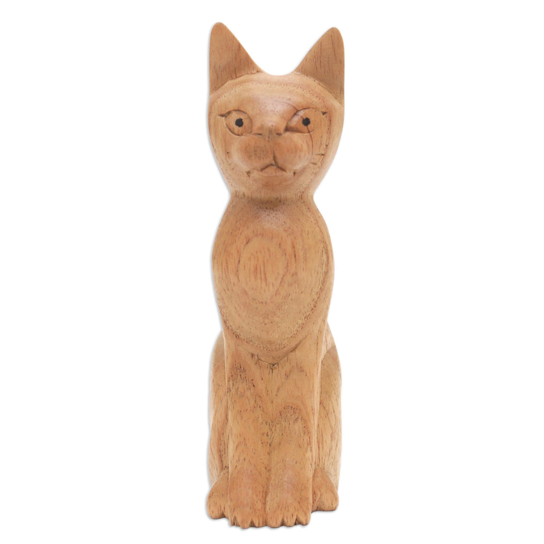 Brown Cat Sculpture Hand-Carved from Jempinis Wood in Bali - Cunning Cat