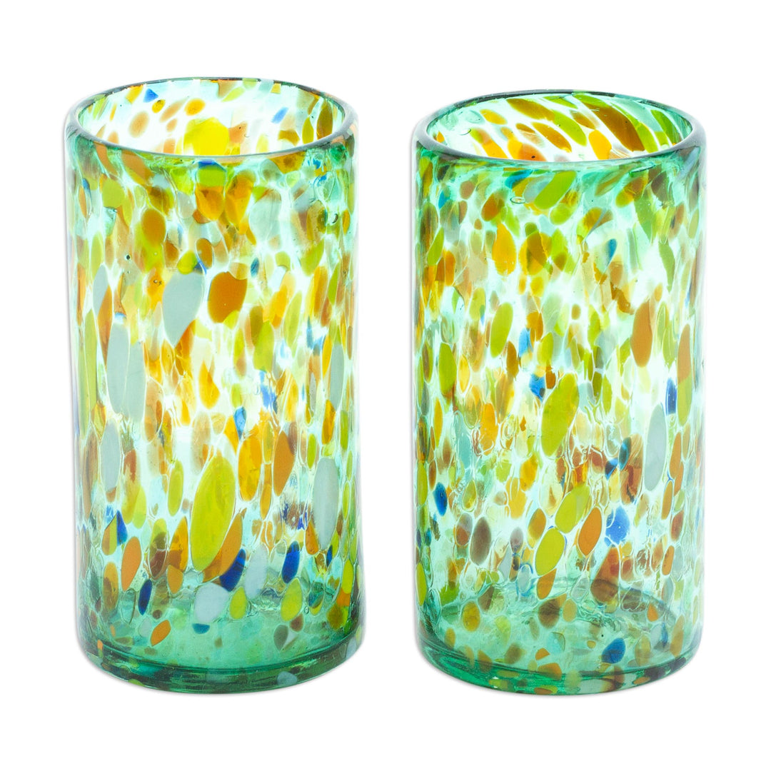Pair of Multicolor Handblown Recycled Highball Glasses - Multicolor Green Party