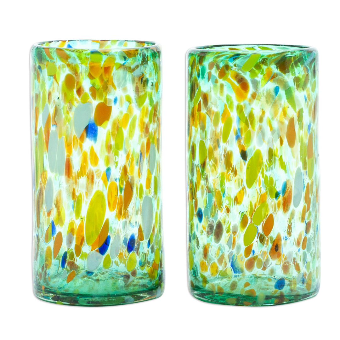 Pair of Multicolor Handblown Recycled Highball Glasses - Multicolor Green Party