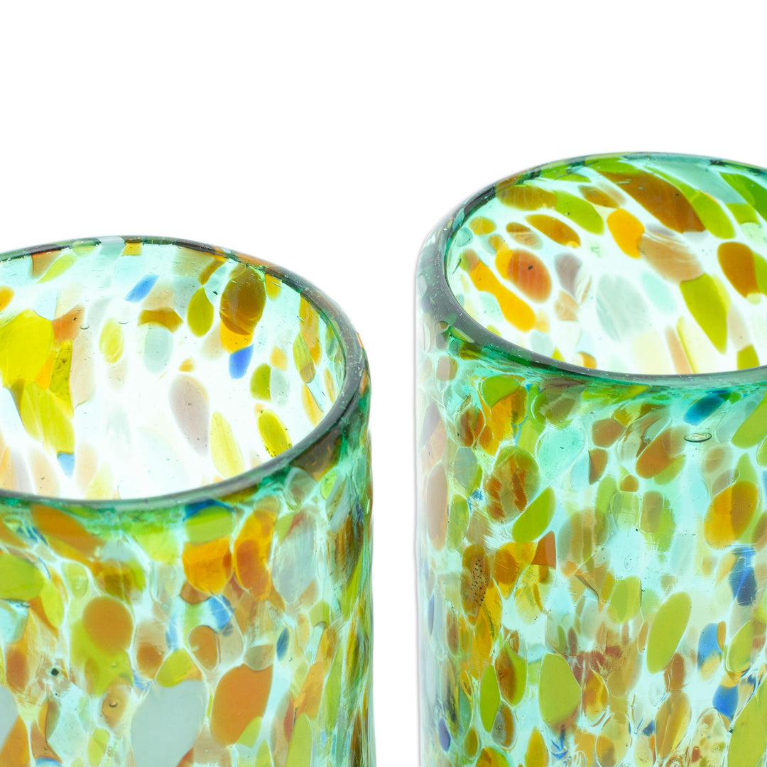 Pair of Multicolor Handblown Recycled Highball Glasses - Multicolor Green Party