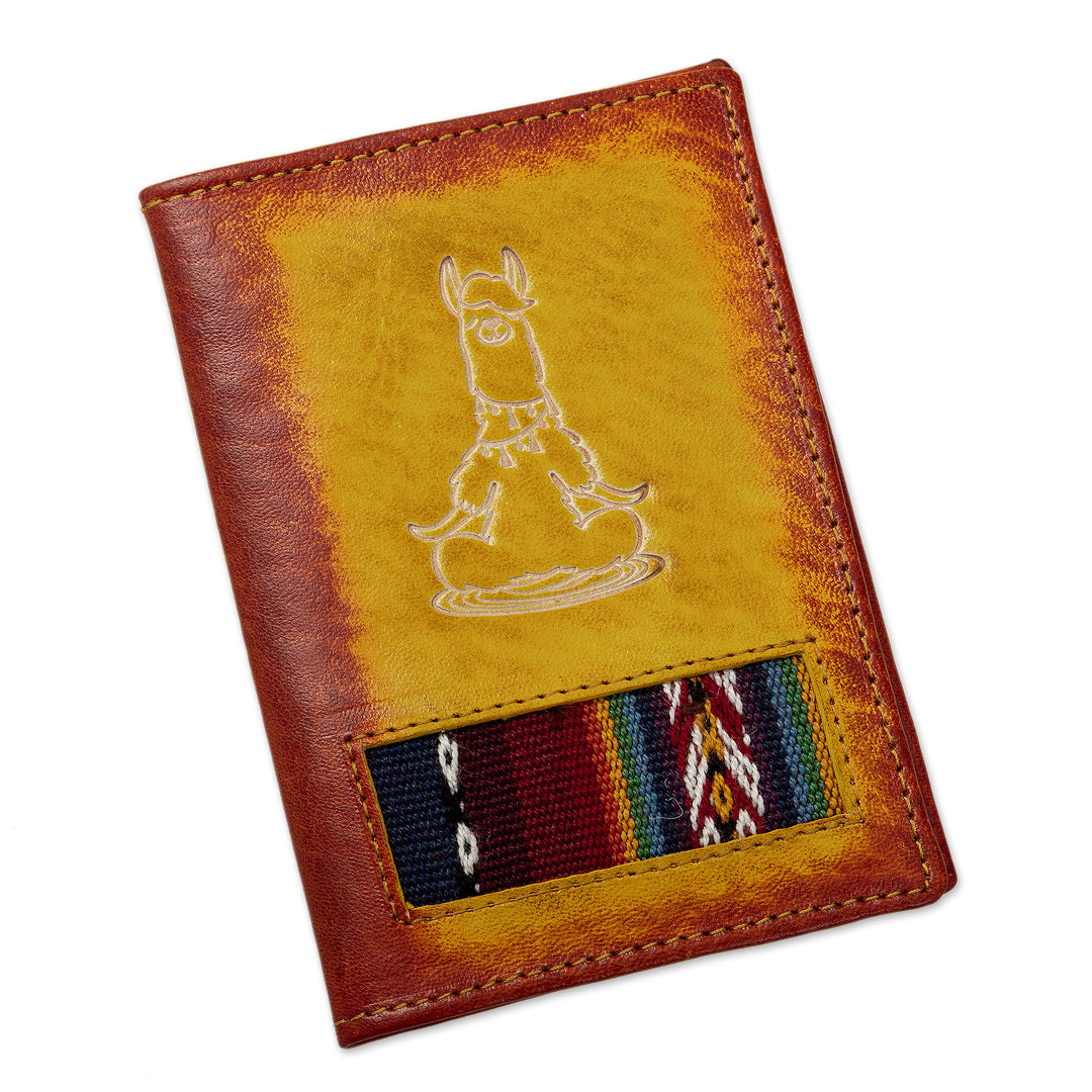 Handcrafted Llama Leather Passport Cover with Andean Textile - Meditative Llama