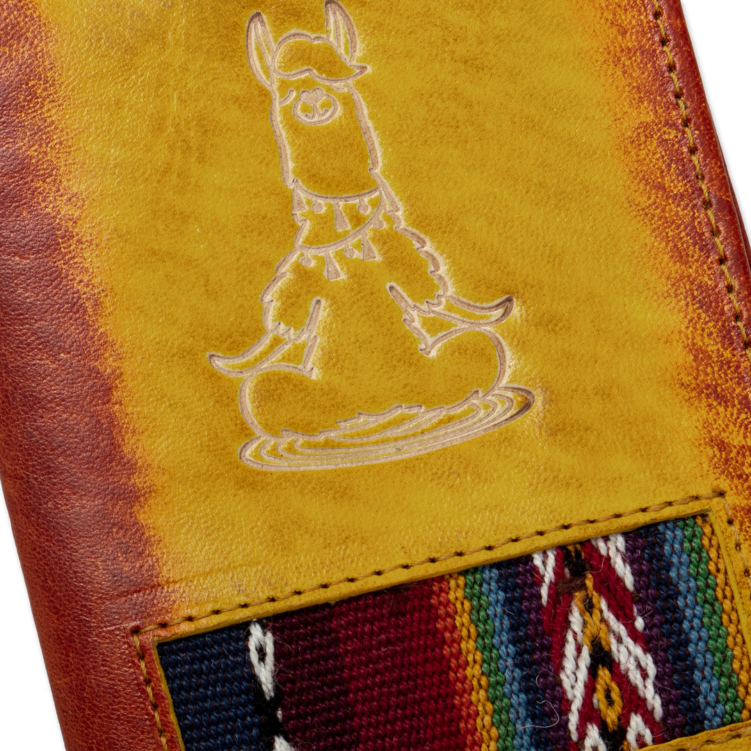 Handcrafted Llama Leather Passport Cover with Andean Textile - Meditative Llama