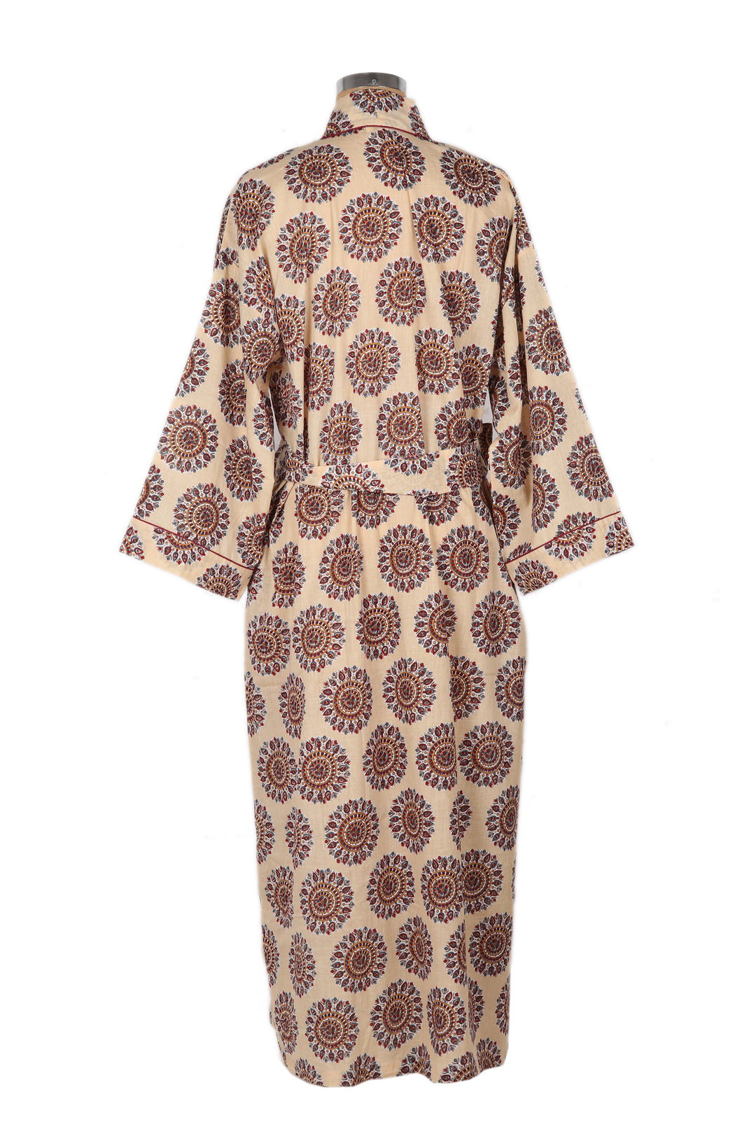 Cotton Robe with Printed Mandala Motifs and Dark Red Piping - Nature Mandala