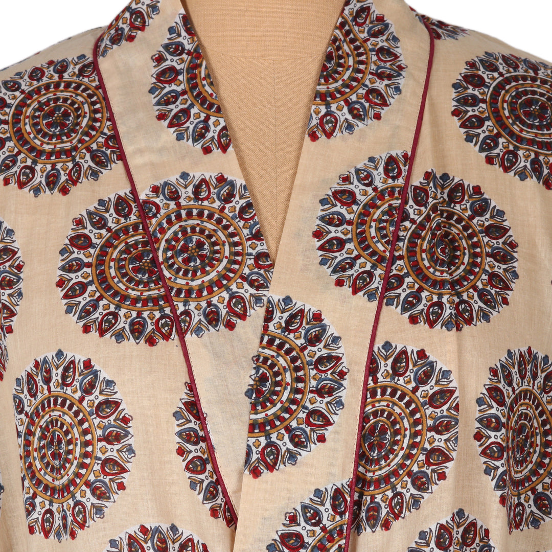 Cotton Robe with Printed Mandala Motifs and Dark Red Piping - Nature Mandala