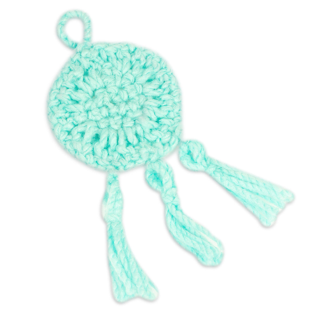Aquamarine Crocheted Charm with Tassels Made in Mexico - Aquamarine Medallion