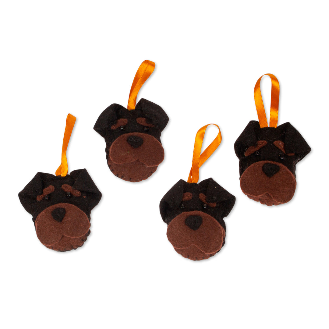 Set of 4 Handcrafted Felt Ornaments with Rottweiler Dogs - Loyal Friend
