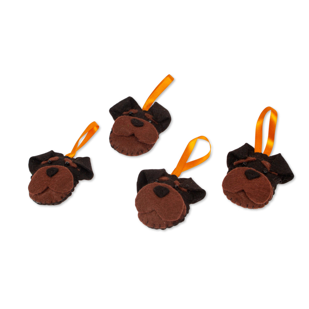 Set of 4 Handcrafted Felt Ornaments with Rottweiler Dogs - Loyal Friend