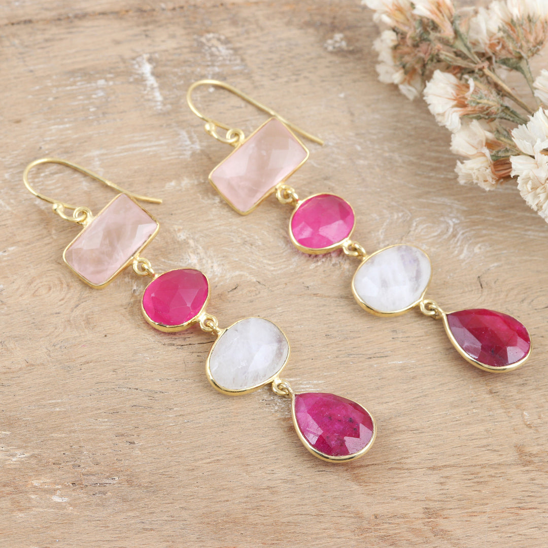 Multi-Gemstone Dangle Earrings with 18k Gold Plating - Pink Era
