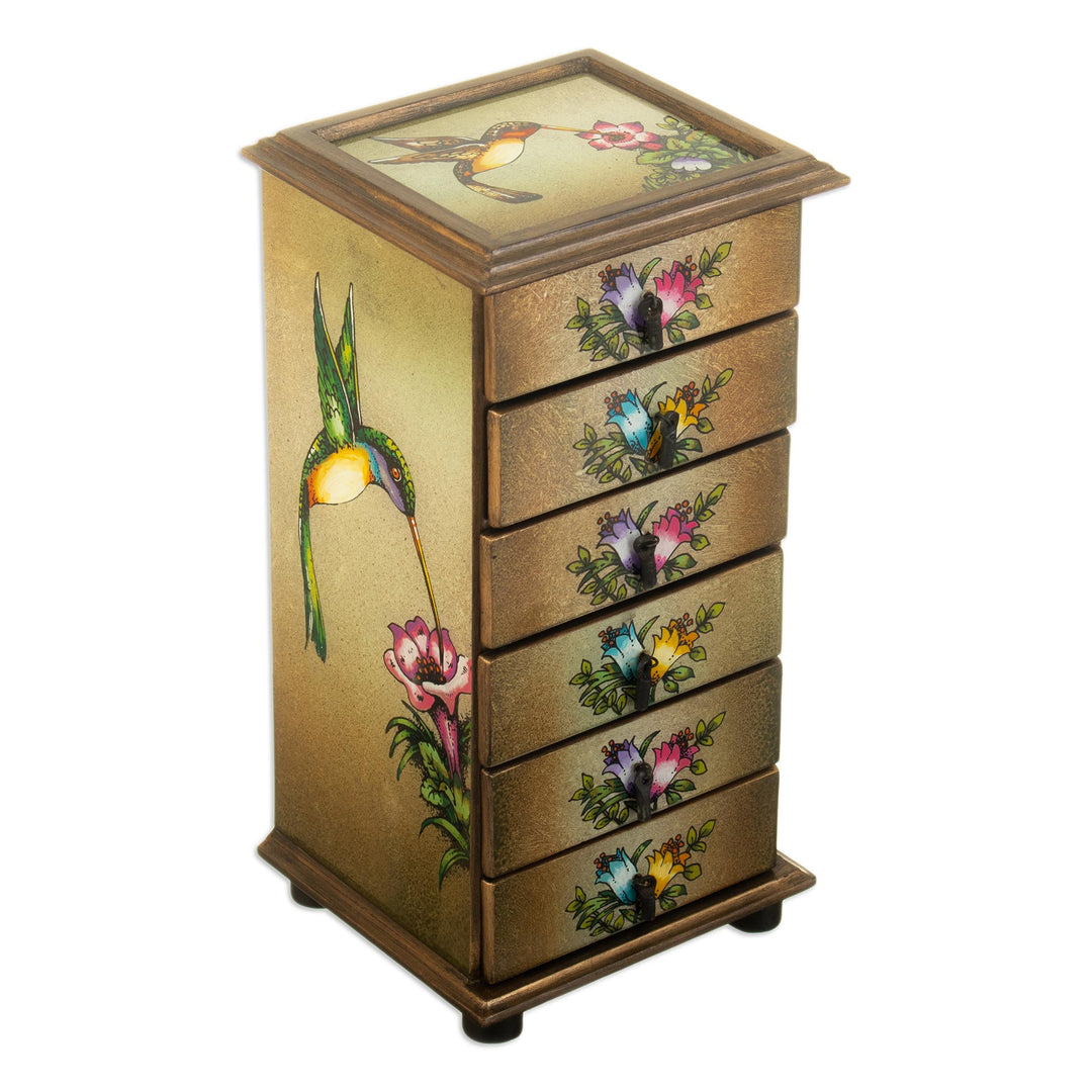 Hummingbirds Reverse Painted Glass Jewelry Box from Peru - Flying Hummingbirds