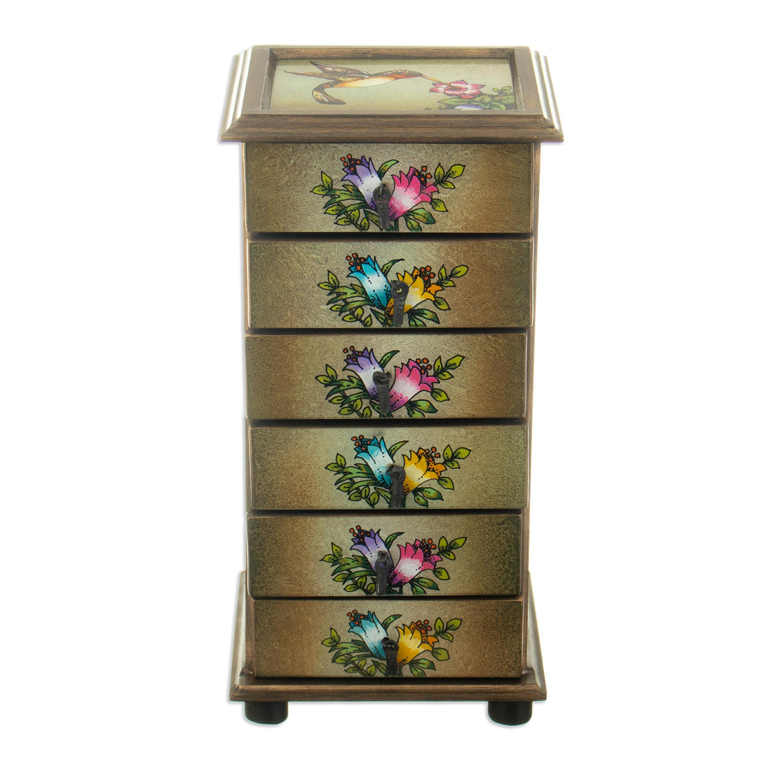 Hummingbirds Reverse Painted Glass Jewelry Box from Peru - Flying Hummingbirds