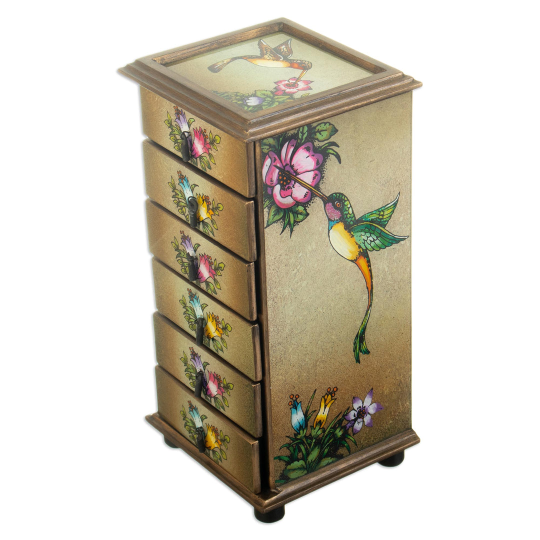 Hummingbirds Reverse Painted Glass Jewelry Box from Peru - Flying Hummingbirds