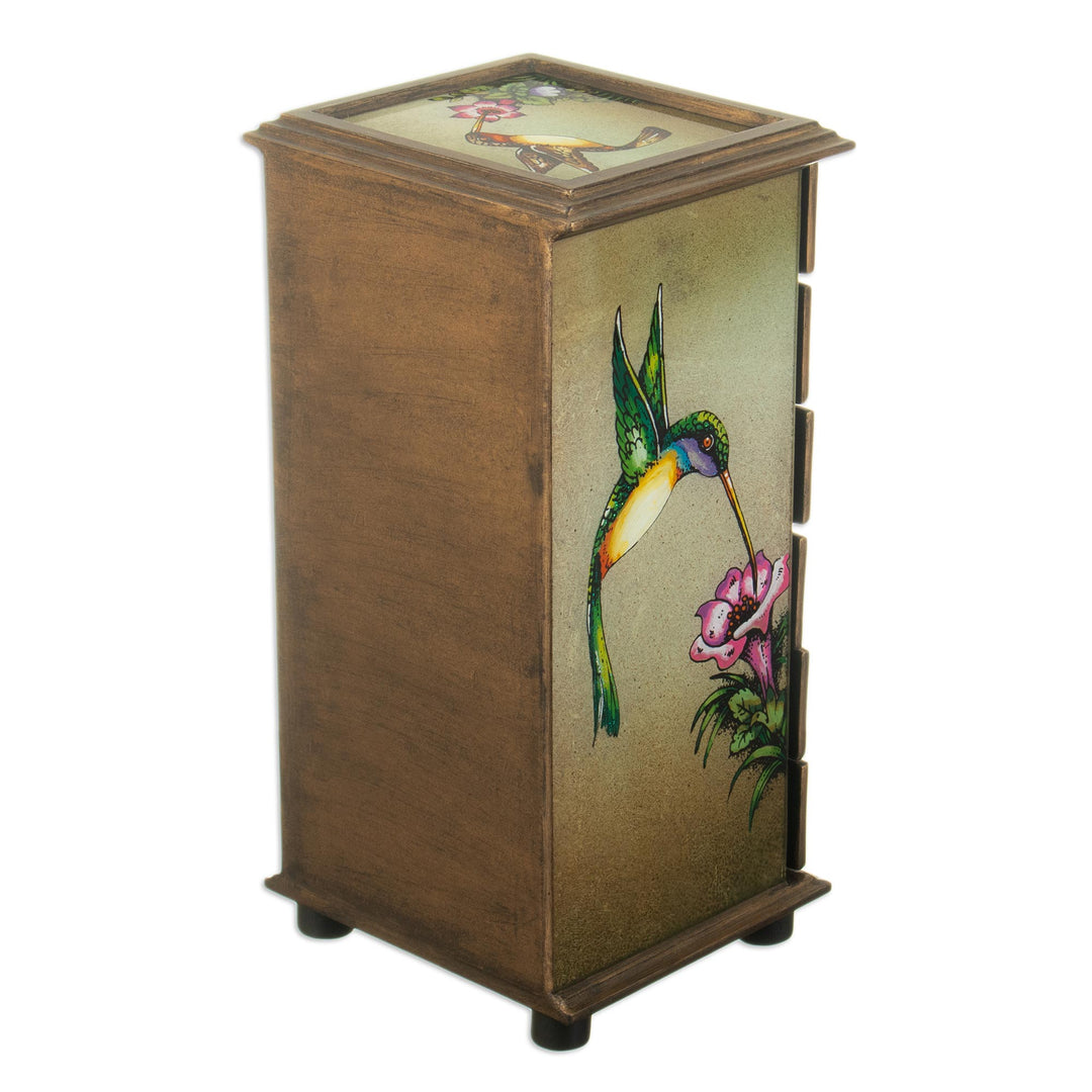 Hummingbirds Reverse Painted Glass Jewelry Box from Peru - Flying Hummingbirds