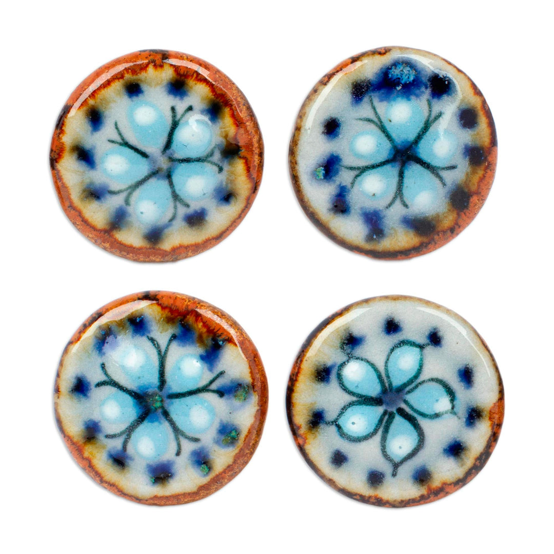 Set of 4 Handcrafted Ceramic Floral Knobs from Mexico - Floral Convenience